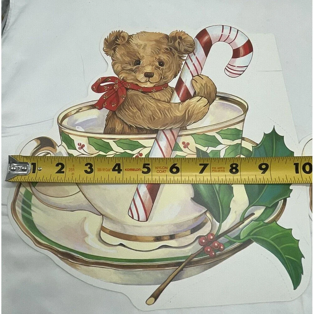 Vintage 2 Paper Magic Group Candy Cane Bear In Tea Cup Christmas Decoration 10”